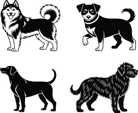Husky, terrier, retriever, and shepherd dog breed vector set for pet care and animal design