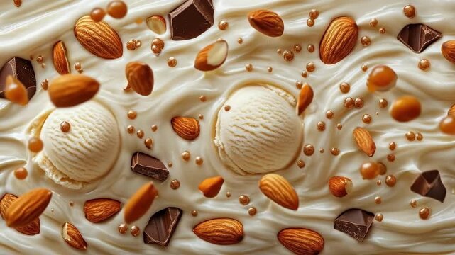 Creamy vanilla ice cream with almonds and chocolate chunks on swirled background