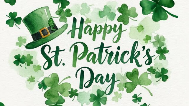 Happy St. Patrick's Day: A Colorful Watercolor Illustration Featuring Shamrocks and a Green Leprechaun Hat Ideal for Celebrating Irish Heritage and Festivities