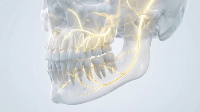 3d medical view of human skull and teeth with facial nerve pathways lighting along the jaw and cheek