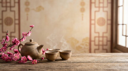 Generated ai serene traditional Chinese tea set with steaming cups and blooming pink plum blossoms on a rustic wooden table, featuring an elegant oriental background with soft natural window light.