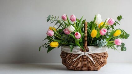 Naklejka premium Basket of tulips and greenery with eucalyptus on white background for floral design
