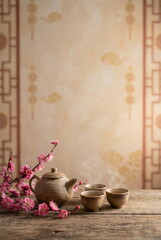 Generated ai serene traditional Chinese tea set with steaming cups and blooming pink plum blossoms on a rustic wooden table, featuring an elegant oriental background with soft natural window light.