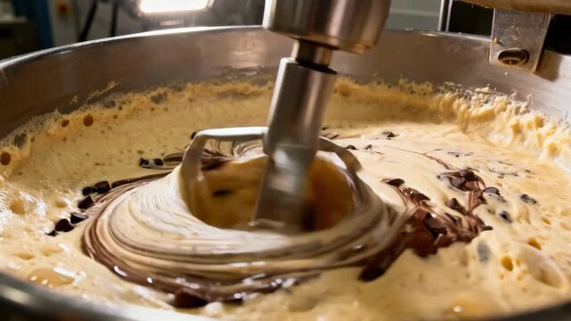 Medium shot focusing on chocolate chip nougat in a highshear mixing process showcasing air incorporation and chocolate chip swirl patterns in the light fluffy base.