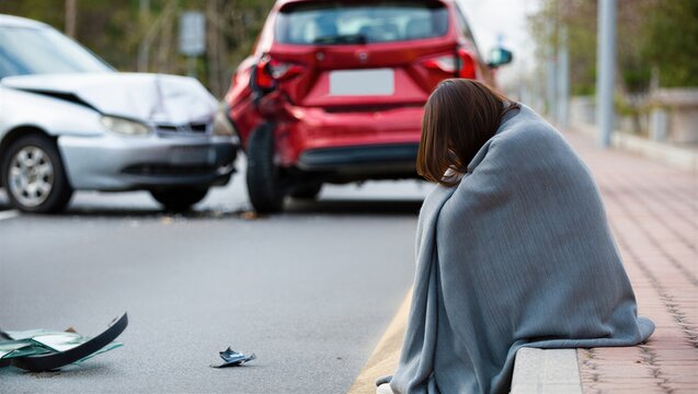 A woman wrapped in a blanket sits on the roadside after a car accident, looking distressed. Emergency situation and emotional impact.