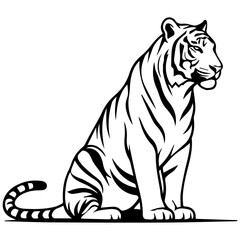 Obraz premium Stylized Black and White Tiger Logo, Sitting Majestic Animal Silhouette, Vector Graphic Design