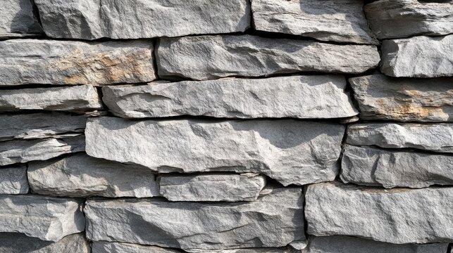 Close-up view of a weathered, rough-textured stone wall with irregular shapes and natural gray tones.