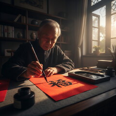 Generated ai Elderly Chinese Calligrapher Painting Traditional "Fu" Character on Red Paper, Serene Master Artist in Sunlit Studio Creating Lunar New Year Blessings for Cultural Celebration.