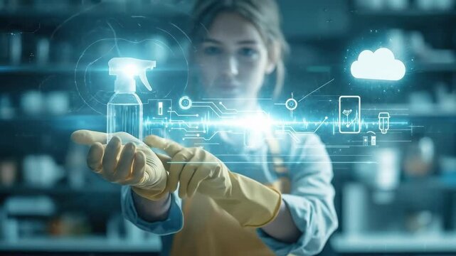 Young caucasian woman holding spray bottle with augmented reality cleaning technology