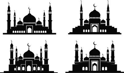 Silhouettes of four different mosques with minarets and domes on a white background islamic architecture © allustra