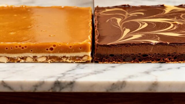 Warm layered slab formation with varying shades of nougat and fudge being carefully spread and leveled side by side showing distinct textures and clear separation for a gourmet
