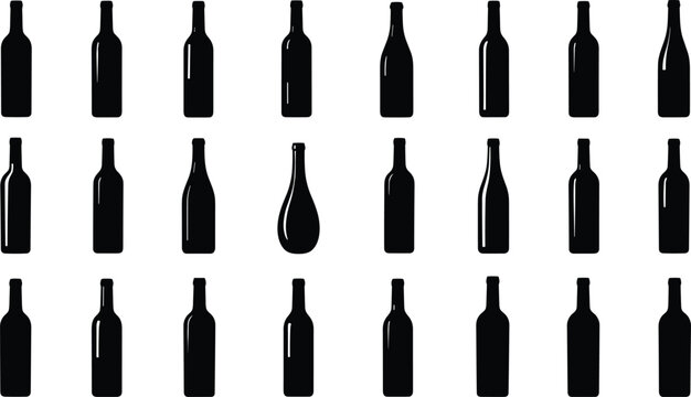 Collection of black silhouette wine and liquor bottles on a white background for graphic design elements and beverage concepts