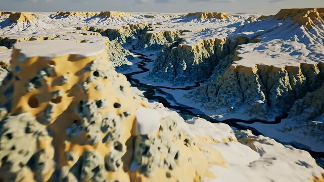 Sweeping simulated aerial drone footage showcasing the rugged texture of the blue cheese structure resembling an otherworldly snowy landscape with deep blue canyons blue, rough, concept