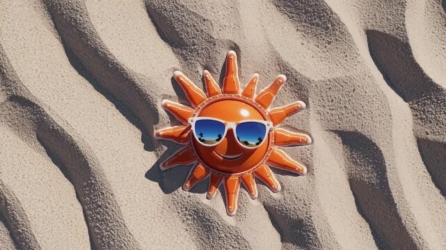 Orange sun sculpture with sunglasses lies on textured beach sand. Summer vacation theme with reflection of palms in lenses. Sand art smile adds fun vibe to sunny holiday moment by the sea