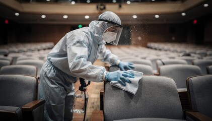 Medium shot capturing deep cleaning workers wiping down surfaces in a deserted auditorium with the foreground cleaning action crisp and the rows of seats blurred.
