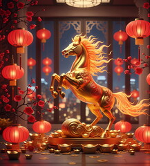 Generated AI - Majestic Golden Horse Statue Rearing on Auspicious Clouds with Chinese New Year Lanterns and Gold Ingots Decoration, Symbol of Success and Prosperity in Elegant Interior Setting.