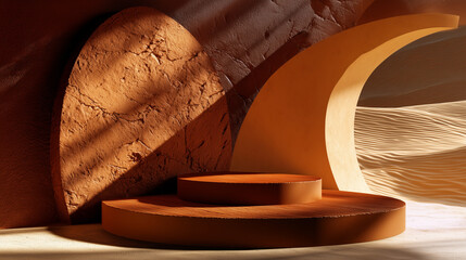 Pr&eacute;sentoir publicitaire avec podium en terre cuite contre un mur incurv&eacute; en pl&acirc;tre ocre. Lumi&egrave;re solaire intense cr&eacute;ant des ombres g&eacute;om&eacute;triques avec des textures terreuses