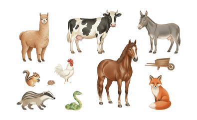 Fototapeta premium Cute Watercolor Illustration of Farm and Forest Animals Set Including Llama Cow Horse Fox and Badger