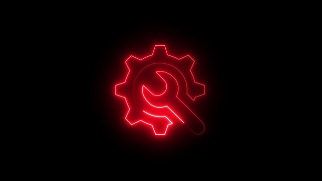 Abstract neon blue color gear and wrench icon representing technical settings concept on black background.