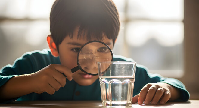 Young boy examining a glass of water with a magnifying glass