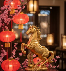 Generated AI - Majestic Golden Horse Statue Rearing on Auspicious Clouds with Chinese New Year Lanterns and Gold Ingots Decoration, Symbol of Success and Prosperity in Elegant Interior Setting.