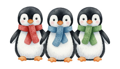 Fototapeta premium Three Happy Cute Penguins Wearing Cozy Scarves Red Blue Green Standing Together Cheerful Winter Illustration