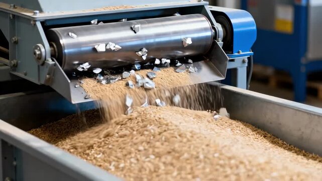 Medium shot showing hoppermounted magnetic separator capturing metal fragments above a grain hopper ensuring clean product before packaging.