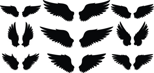 Collection of black silhouette angel wings and bird wings in various shapes and sizes on a white background © allustra