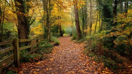 Fototapeta premium A path in a forest with fallen leaves, a wooden fence, and a tree trunk in the background.