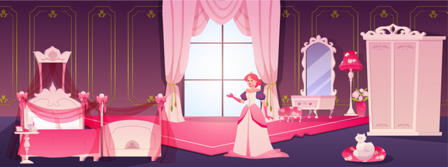 A princess in a castle bedroom interior, in pink tones, with a window, bed, mirror, and wardrobe. © sabelskaya