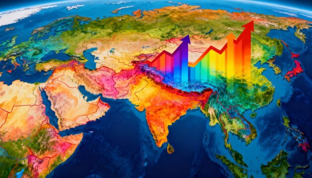 Rising three translucent arrows hovering over central Asia on stylized globe, showing false color