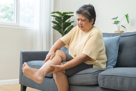 Muscle pain or leg pain, suffer asian aged woman, senior massaging brawn leg calf muscle cramps or spasm, older trauma from inflammation of tendon at calves while sitting on sofa. Health care concept.