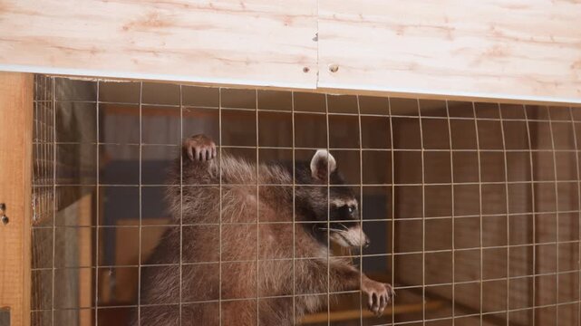 Raccoon clinging to wire cage mesh, agile mammal midescape attempt, hanging upside down, multiple raccoons visible in background, tense shelter vibe, dynamic motion, focused whiskered face.