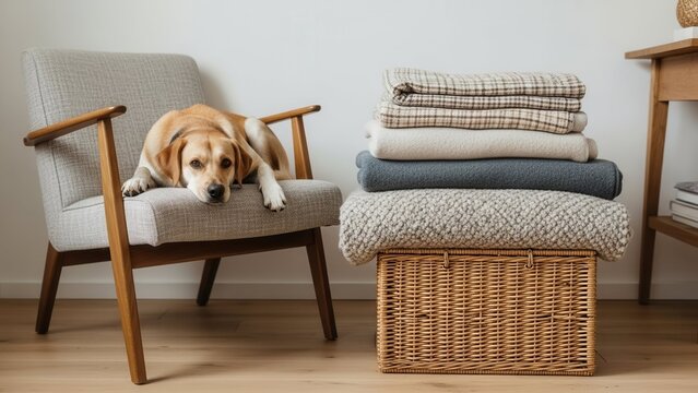 Cozy living room with relaxed dog and stacked blankets in a woven basket