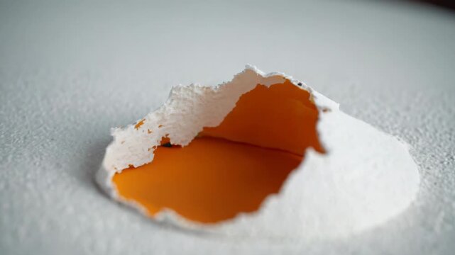 Video A cracked eggshell sits on a table, a symbol of fragility and imperfection