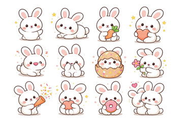 Obraz premium Adorable kawaii white bunny rabbit set with happy expressions and activities, isolated on white.