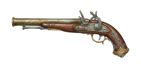 Ornate Vintage Flintlock Pistol with Smoke Detailed Illustration Firing Action on White Background