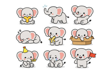 Obraz premium Adorable baby elephant cartoon set with cute actions and expressions, isolated on white.