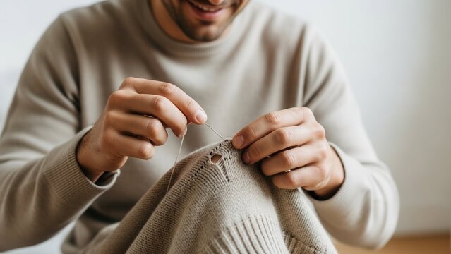 Sewing repair: man mending sweater with needle and thread