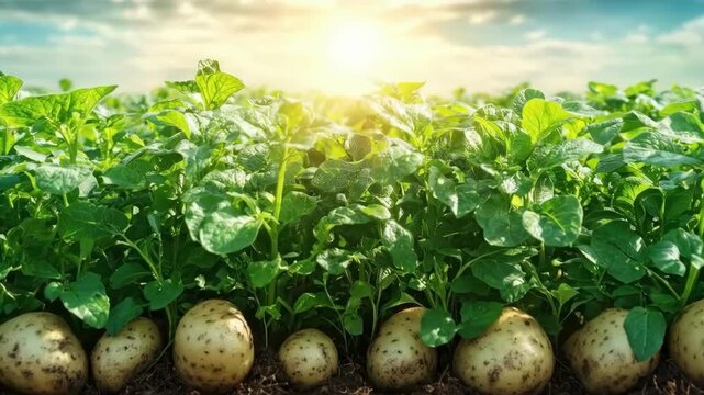 Thriving potato plants in sunlit soil: a vibrant agricultural scene