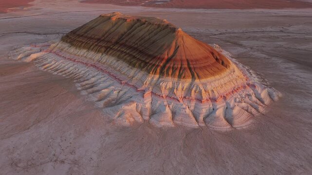 Aerial view of a majestic multi layered mountain with dark brown, light brown, white and pink layers in a desert landscape, Bokty, Mangystau Region, Kazakhstan.