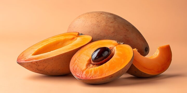 Mamey sapote tropical fruit cut open showing orange flesh and large black seed against warm orange background for exotic concept