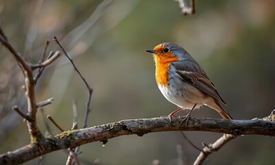 European Robin Bird Perching on Tree Branch with Soft Natural Background
