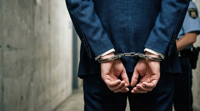 Arrested Businessman in Dark Blue Suit with Hands Behind Back in Handcuffs in an Empty Hallway