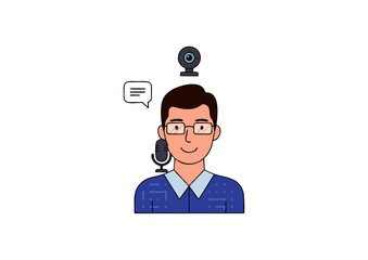 Illustration of a man with glasses and a microphone, representing online communication and content creation