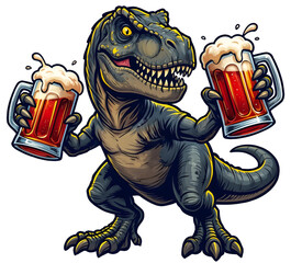 Cartoon dinosaur character holding two mugs of beer, fun and lively illustration perfect for party themes. © KosaDesign