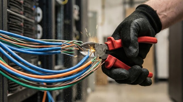 Hand in Black Glove Cutting Colorful Network Cable with Wire Cutters Creating Sparks and Severing Connection