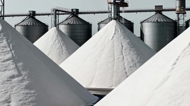 Medium shot of large conical sugar storage silos with smooth surfaces showing the tapered design ideal for efficient gravity discharge in bulk refined sugar storage.