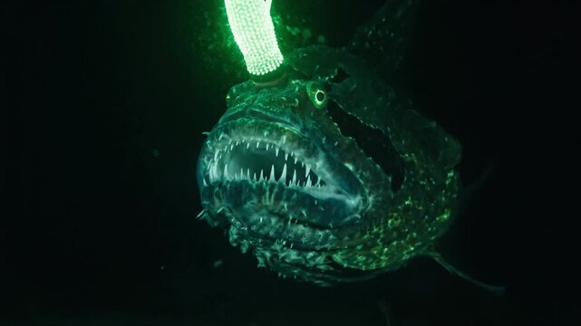 Anglerfish with bioluminescent lure illuminating jagged tooth and textured skin deep dark ocean eerie green glow, glowing lure anglerfish deep sea predator seafloor night marine underwater