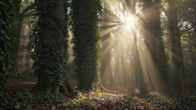 Dense trees rise in forest as morning sunlight filters in. Golden sunbeam hits green leaves. Nature glows with soft forest light, turning woods into vibrant green and golden morning landscape